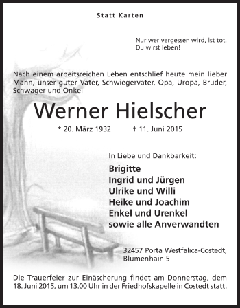 Anzeige von Werner Hielscher von Mindener Tageblatt