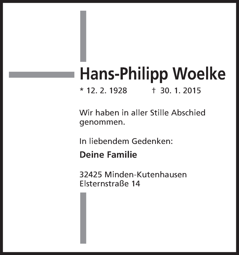  Traueranzeige für Hans-Philipp Woelke vom 07.02.2015 aus Mindener Tageblatt