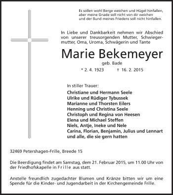 Anzeige von Marie Bekemeyer von Mindener Tageblatt