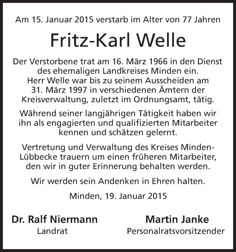  Traueranzeige für Fritz-Karl Welle vom 21.01.2015 aus Mindener Tageblatt