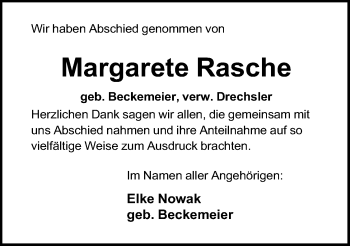 Anzeige von Margarete Rasche von Mindener Tageblatt