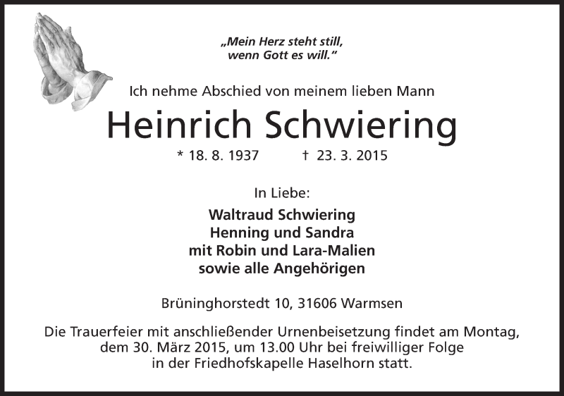  Traueranzeige für Heinrich Schwiering vom 24.03.2015 aus Mindener Tageblatt