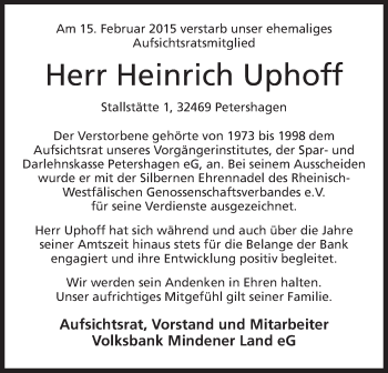 Anzeige von Heinrich Uphoff von Mindener Tageblatt