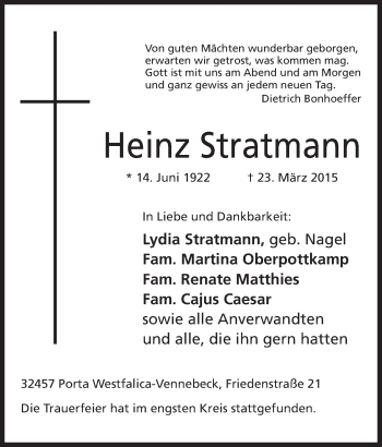 Anzeige von Heinz Stratmann von Mindener Tageblatt