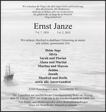 Anzeige von Ernst Janze von Mindener Tageblatt