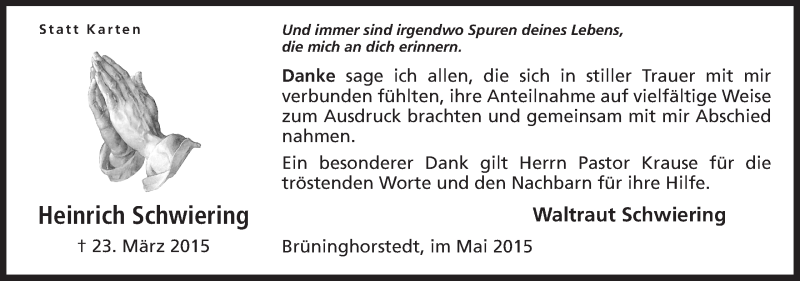  Traueranzeige für Heinrich Schwiering vom 09.05.2015 aus Mindener Tageblatt