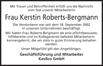 Anzeige von Kerstin Roberts-Bergmann von Mindener Tageblatt