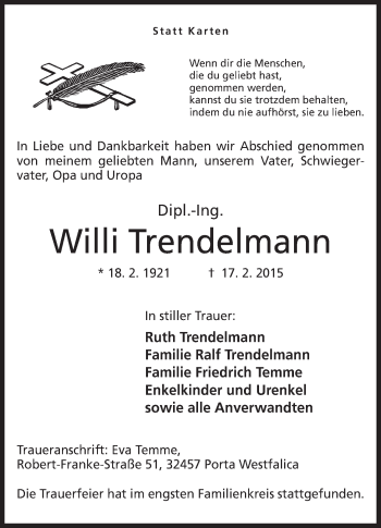 Anzeige von Willi Trendelmann von Mindener Tageblatt