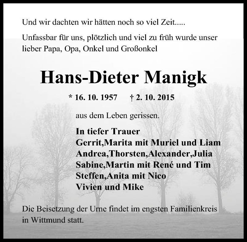  Traueranzeige für Hans-Dieter Manigk vom 21.10.2015 aus Mindener Tageblatt