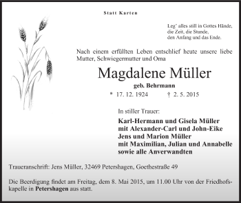 Anzeige von Magdalene Müller von Mindener Tageblatt