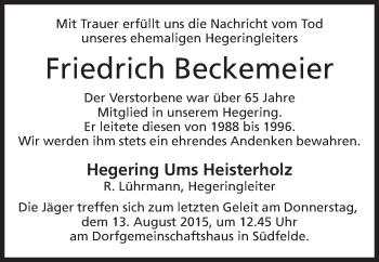 Anzeige von Friedrich Beckemeier von Mindener Tageblatt