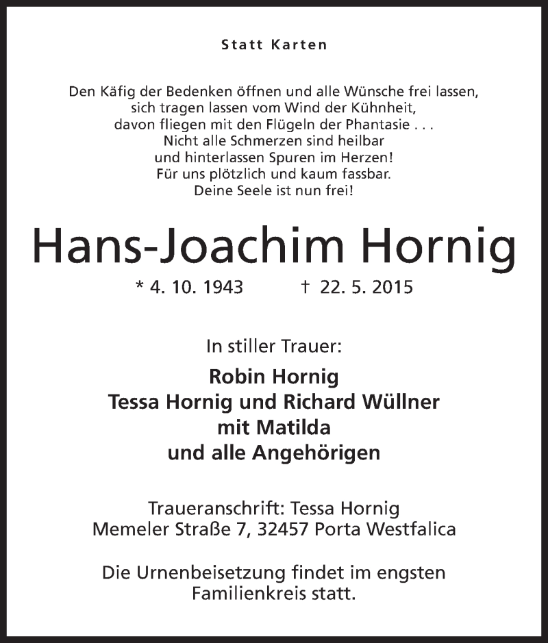  Traueranzeige für Hans-Joachim Hornig vom 30.05.2015 aus Mindener Tageblatt