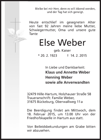 Anzeige von Else Weber von Mindener Tageblatt
