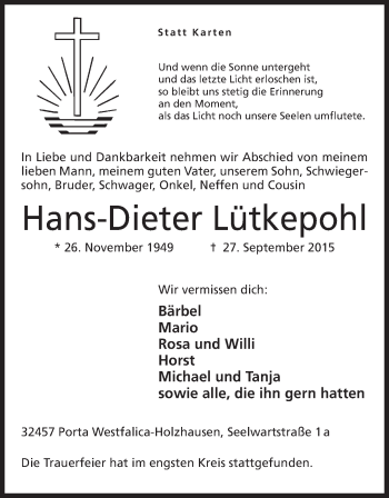 Anzeige von Hans-Dieter Lütkepohl von Mindener Tageblatt