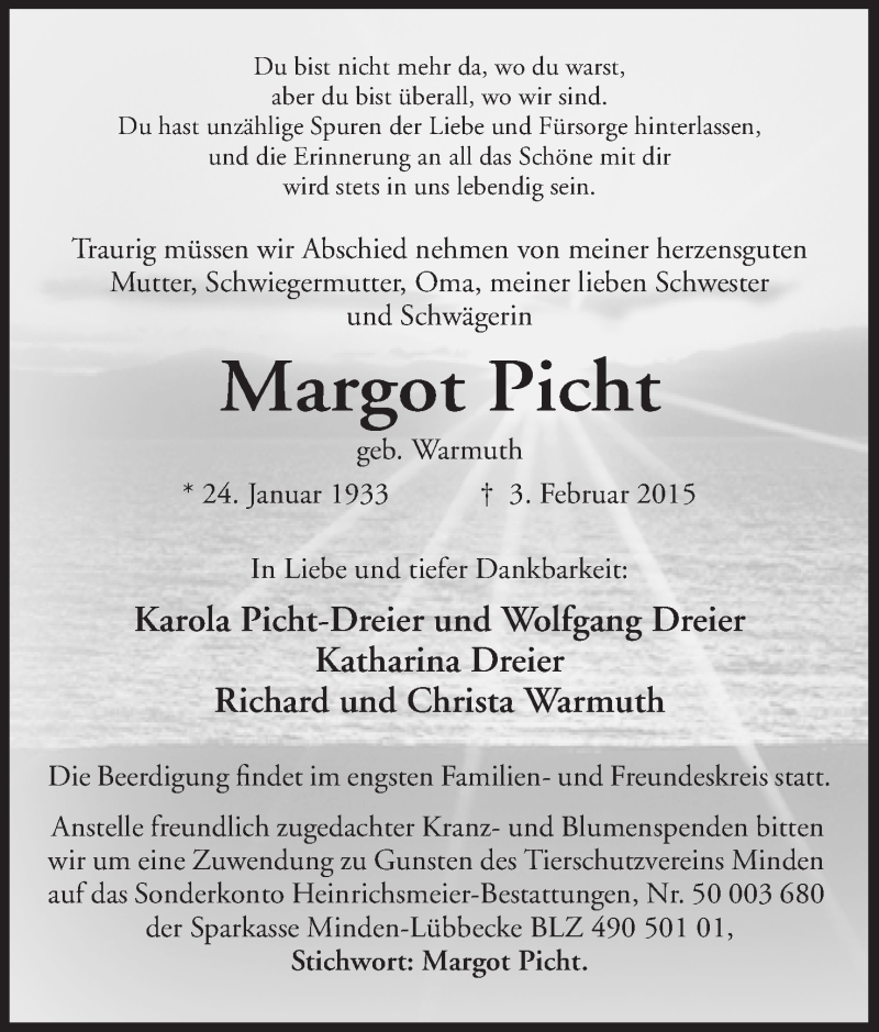  Traueranzeige für Margot Picht vom 05.02.2015 aus Mindener Tageblatt