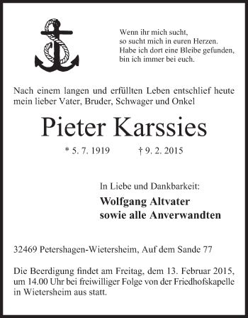 Anzeige von Pieter Karssies von Mindener Tageblatt
