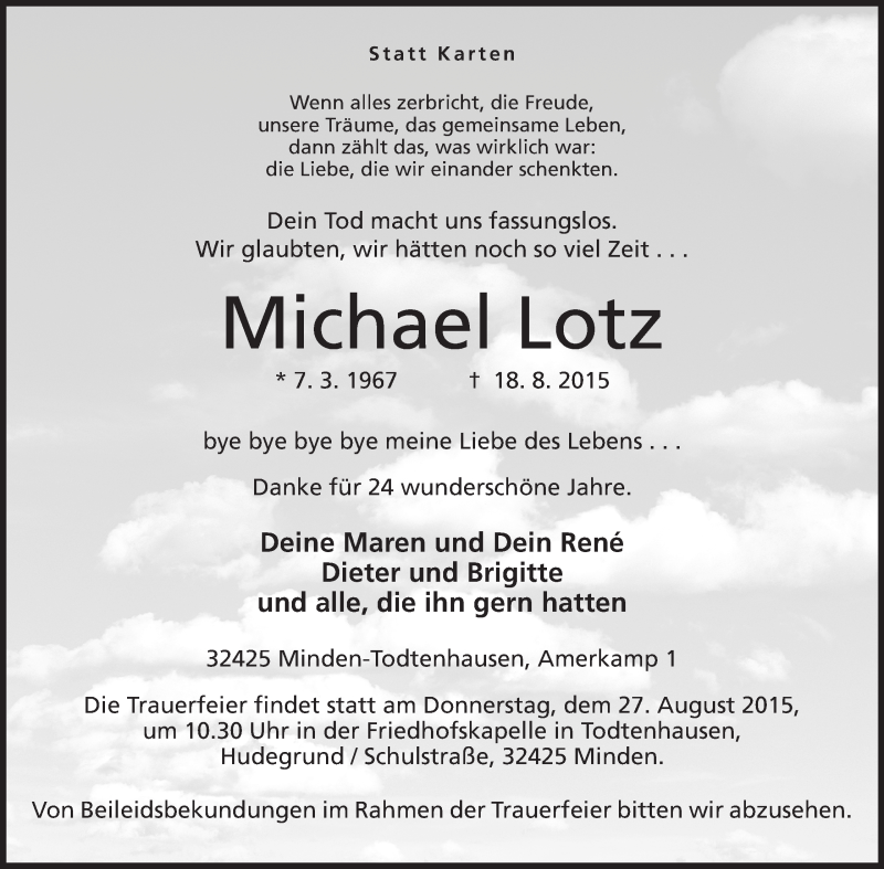  Traueranzeige für Michael Lotz vom 26.08.2015 aus Mindener Tageblatt