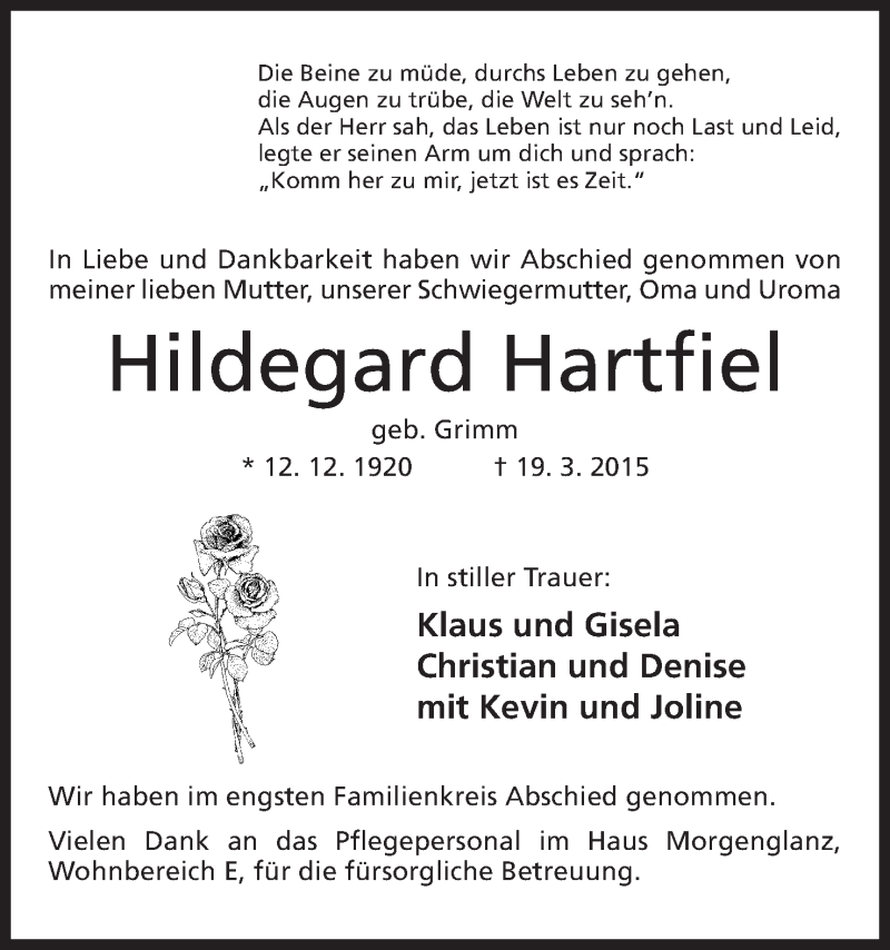  Traueranzeige für Hildegard Hartfiel vom 03.04.2015 aus Mindener Tageblatt