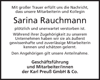 Anzeige von Sarina Rauchmann von Mindener Tageblatt