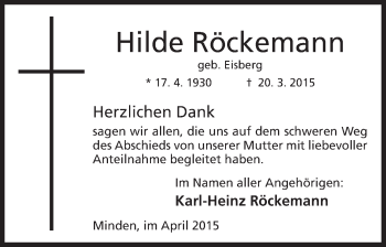 Anzeige von Hilde Röckemann von Mindener Tageblatt