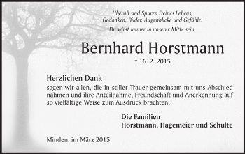Anzeige von Bernhard Horstmann von Mindener Tageblatt