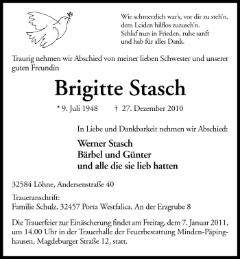 Anzeige von Brigitte Stasch von Mindener Tageblatt