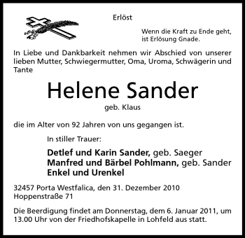 Anzeige von Helene Sander von Mindener Tageblatt