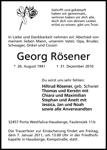 Anzeige von Georg Rösener von Mindener Tageblatt