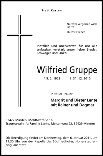 Anzeige von Wilfried Gruppe von Mindener Tageblatt