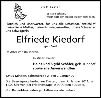 Anzeige von Elfriede Kiedorf von Mindener Tageblatt