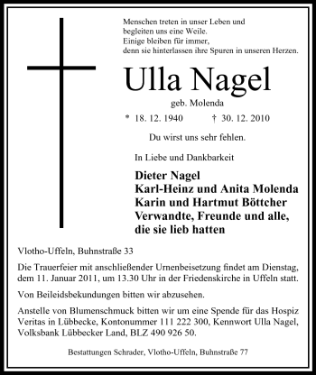 Anzeige von Ulla Nagel von Mindener Tageblatt