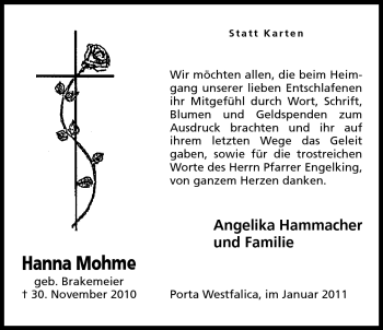 Anzeige von Hanna Mohme von Mindener Tageblatt