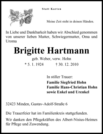 Anzeige von Brigitte Hartmann von Mindener Tageblatt