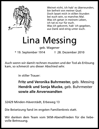 Anzeige von Lina Mensing von Mindener Tageblatt