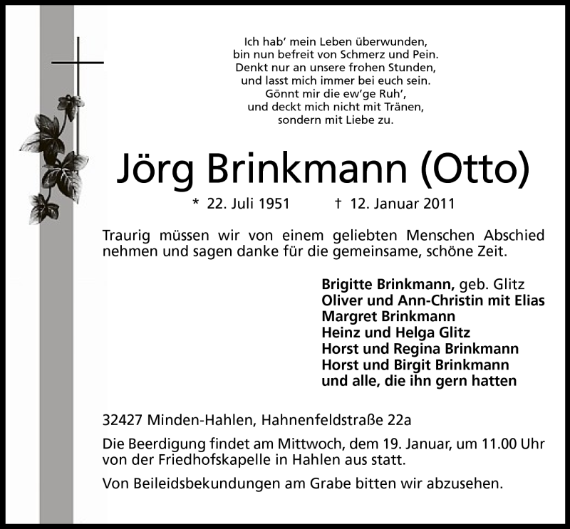  Traueranzeige für Jörg Brinkmann vom 15.01.2011 aus Mindener Tageblatt