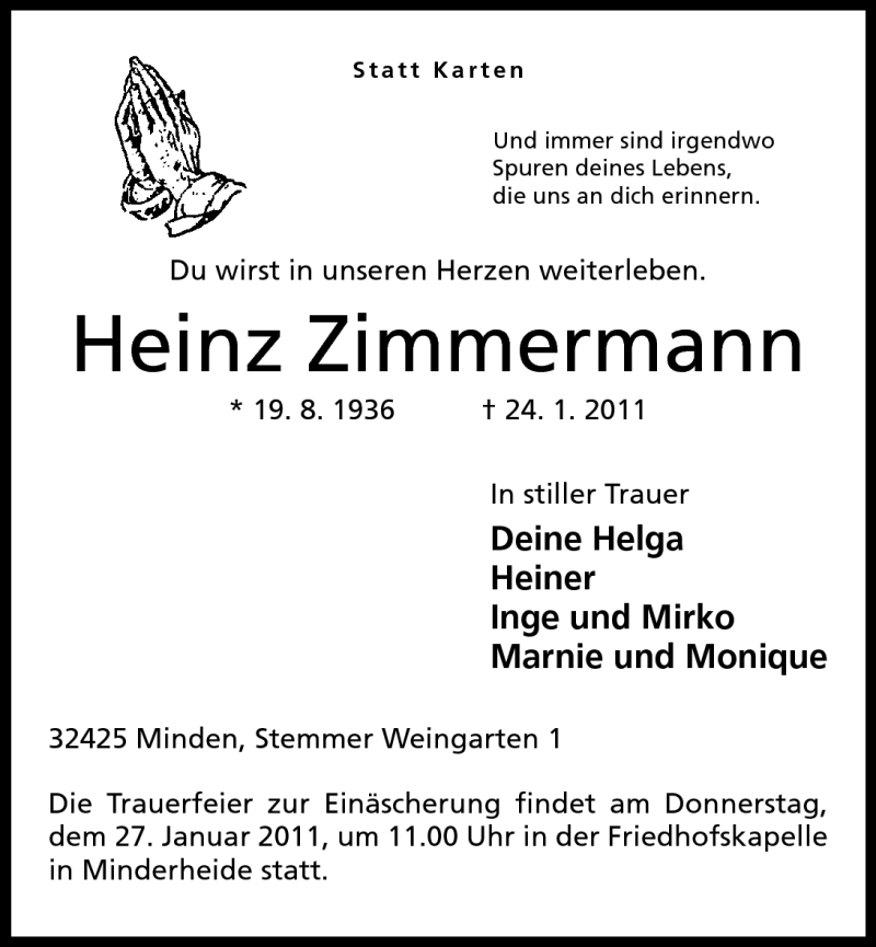  Traueranzeige für Heinz Zimmermann vom 25.01.2011 aus Mindener Tageblatt