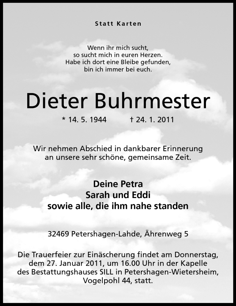  Traueranzeige für Dieter Buhrmester vom 25.01.2011 aus Mindener Tageblatt