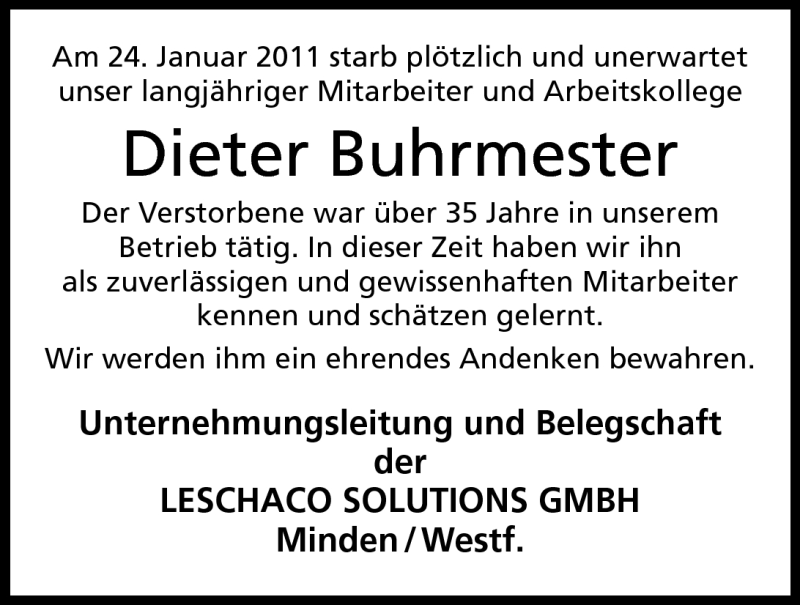  Traueranzeige für Dieter Buhrmester vom 26.01.2011 aus Mindener Tageblatt