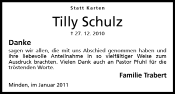 Anzeige von Tilly Schulz von Mindener Tageblatt