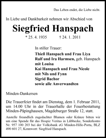 Anzeige von Siegfried Hanspach von Mindener Tageblatt