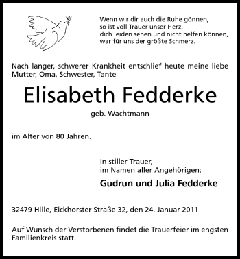 Anzeige von Elisabeth Fedderke von Mindener Tageblatt