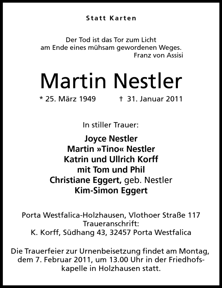  Traueranzeige für Martin Nestler vom 03.02.2011 aus Mindener Tageblatt