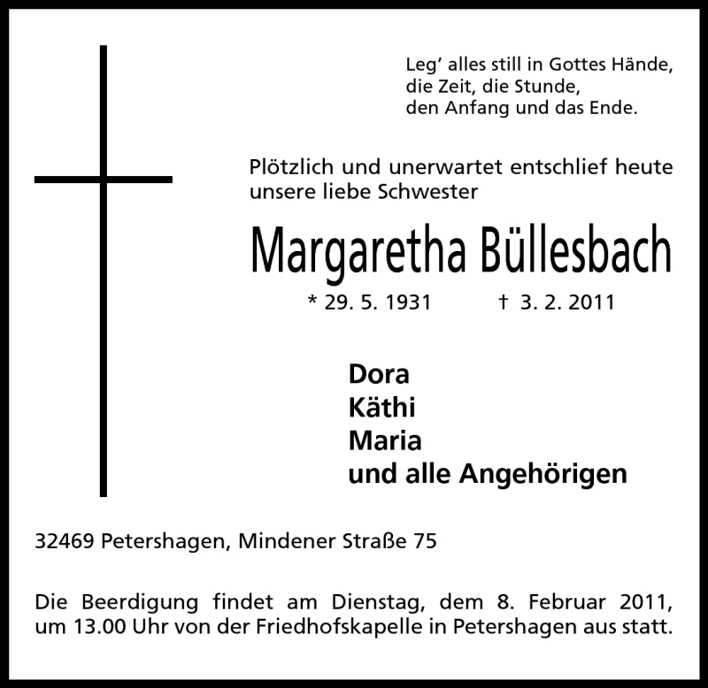  Traueranzeige für Margaretha Büllesbach vom 04.02.2011 aus Mindener Tageblatt