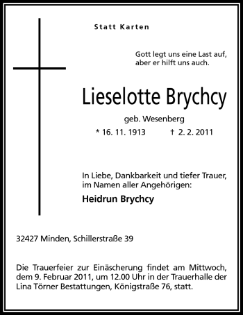 Anzeige von Lieselotte Brychcy von Mindener Tageblatt