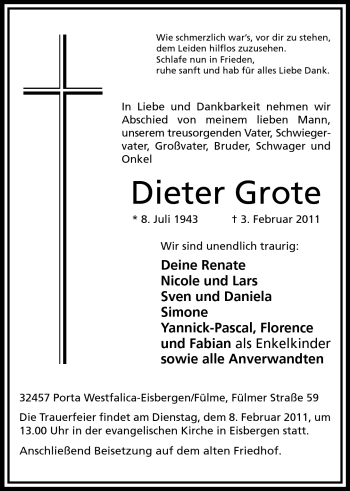 Anzeige von Dieter Grote von Mindener Tageblatt
