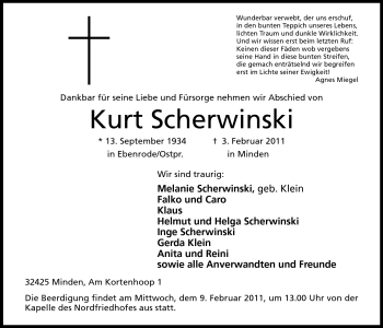 Anzeige von Kurt Scherwinski von Mindener Tageblatt