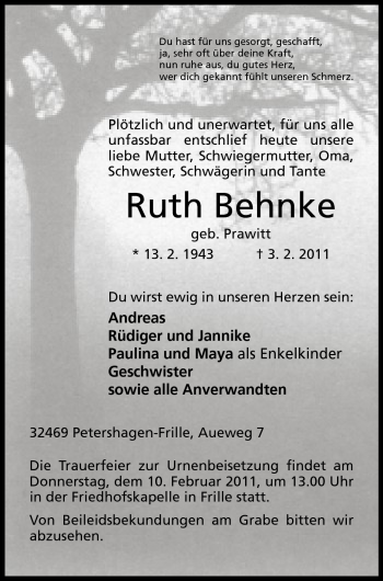 Anzeige von Ruth Behnke von Mindener Tageblatt