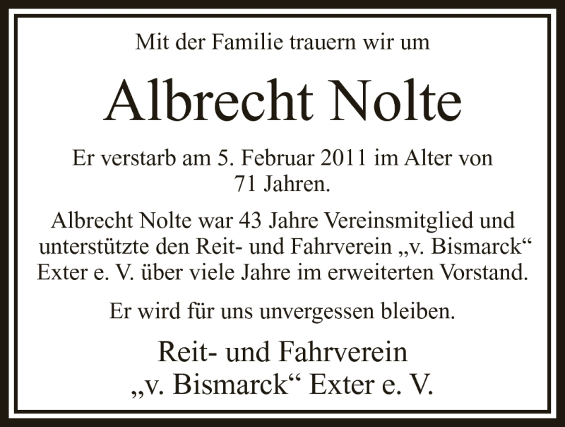  Traueranzeige für Albrecht Nolte vom 08.02.2011 aus Mindener Tageblatt