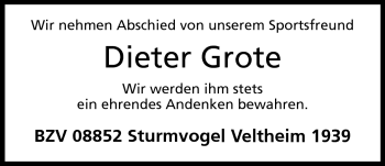 Anzeige von Dieter Grote von Mindener Tageblatt