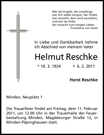 Anzeige von Helmut Reschke von Mindener Tageblatt